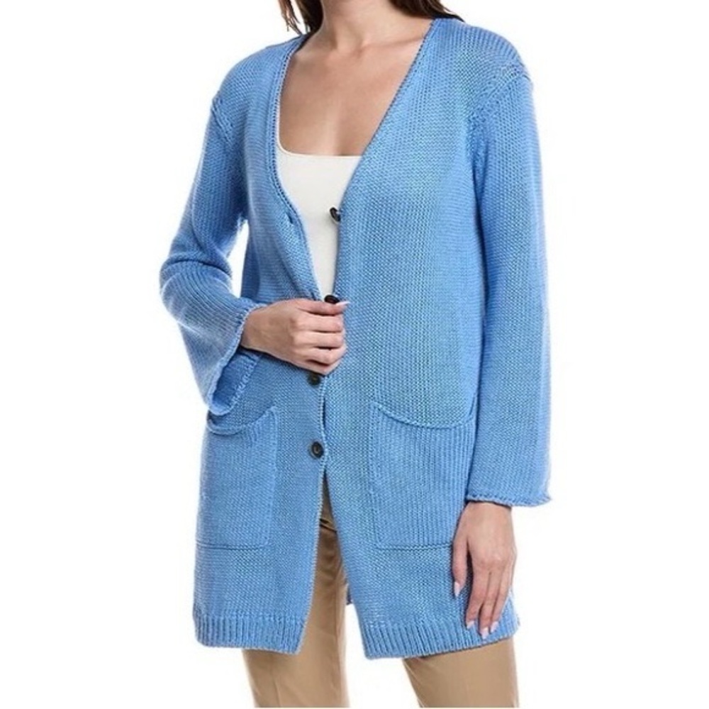 NWT $998 Lafayette 148 New York Silk-Cotton Blend Loose Knit Cardigan Blue